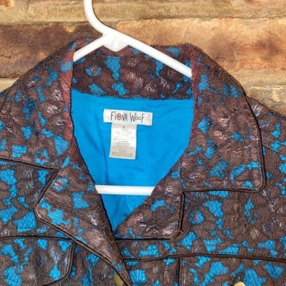 Fiona Woof Metallic Brown Blue Lace Blazer Jacket Women's Size 6 - Picture 2 of 9